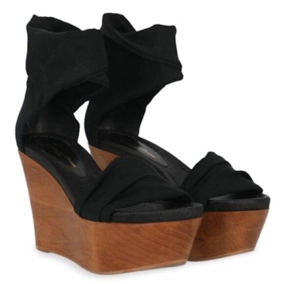 Gianvito Rossi Wood Platform Wedge Sandals Stretch Fabric Ankle Black Y2K 2000s - Picture 3 of 11